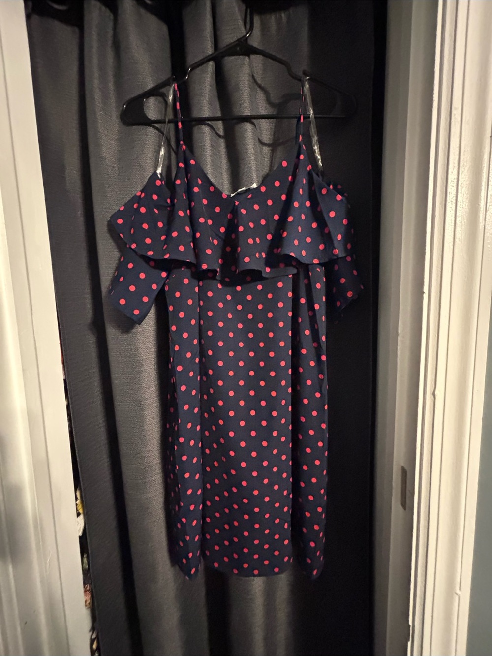 Navy Polka Dot Ruffle Off-Shoulder Dress